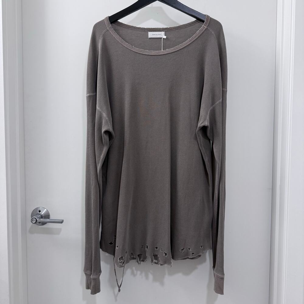 John Elliott Folsom Distressed Long Sleeve Thermal Shirt Vintage Army NWT